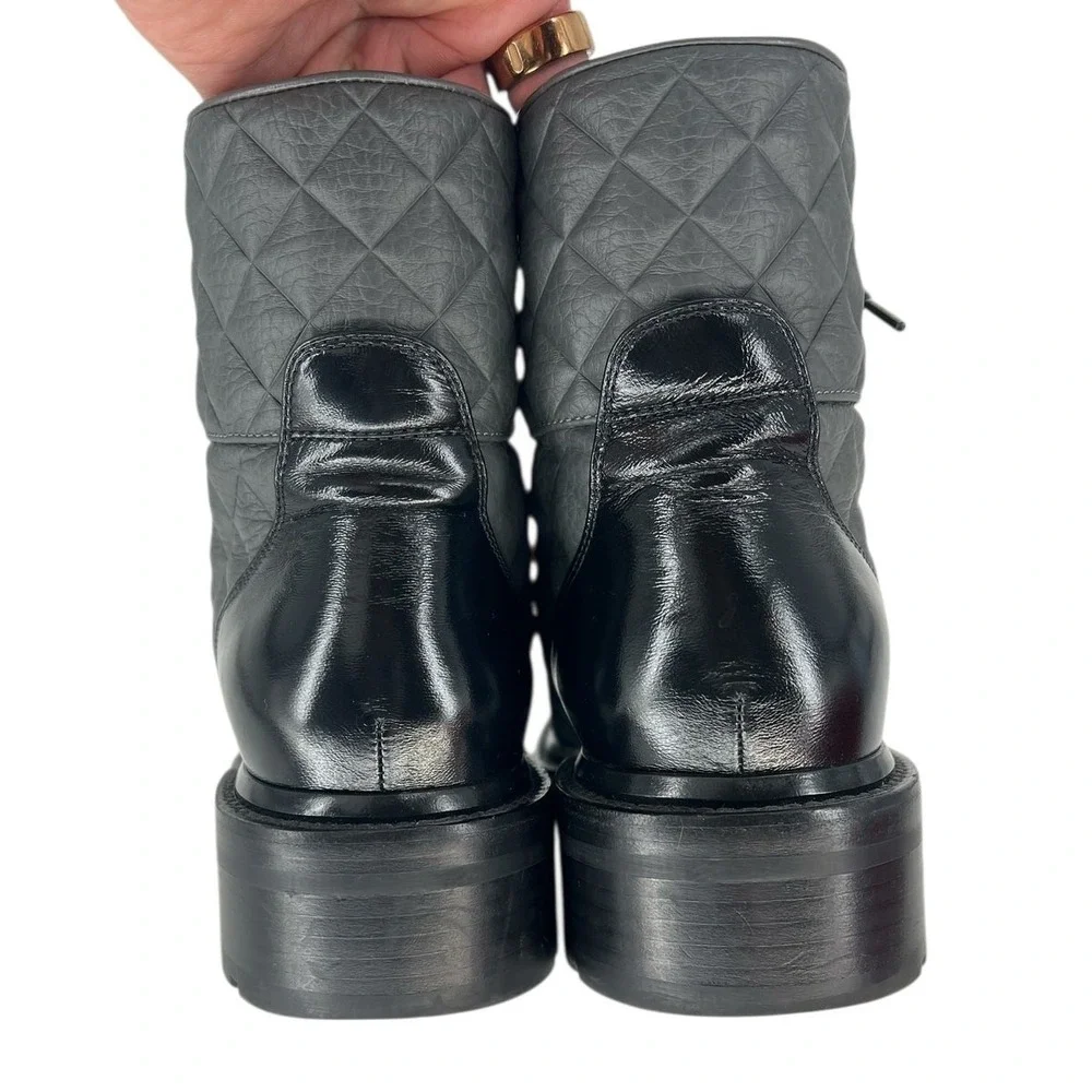 Chanel 2022 CC Chain Quilted Cap Toe Logo Combat Boots in Gray & Black Size 39.5